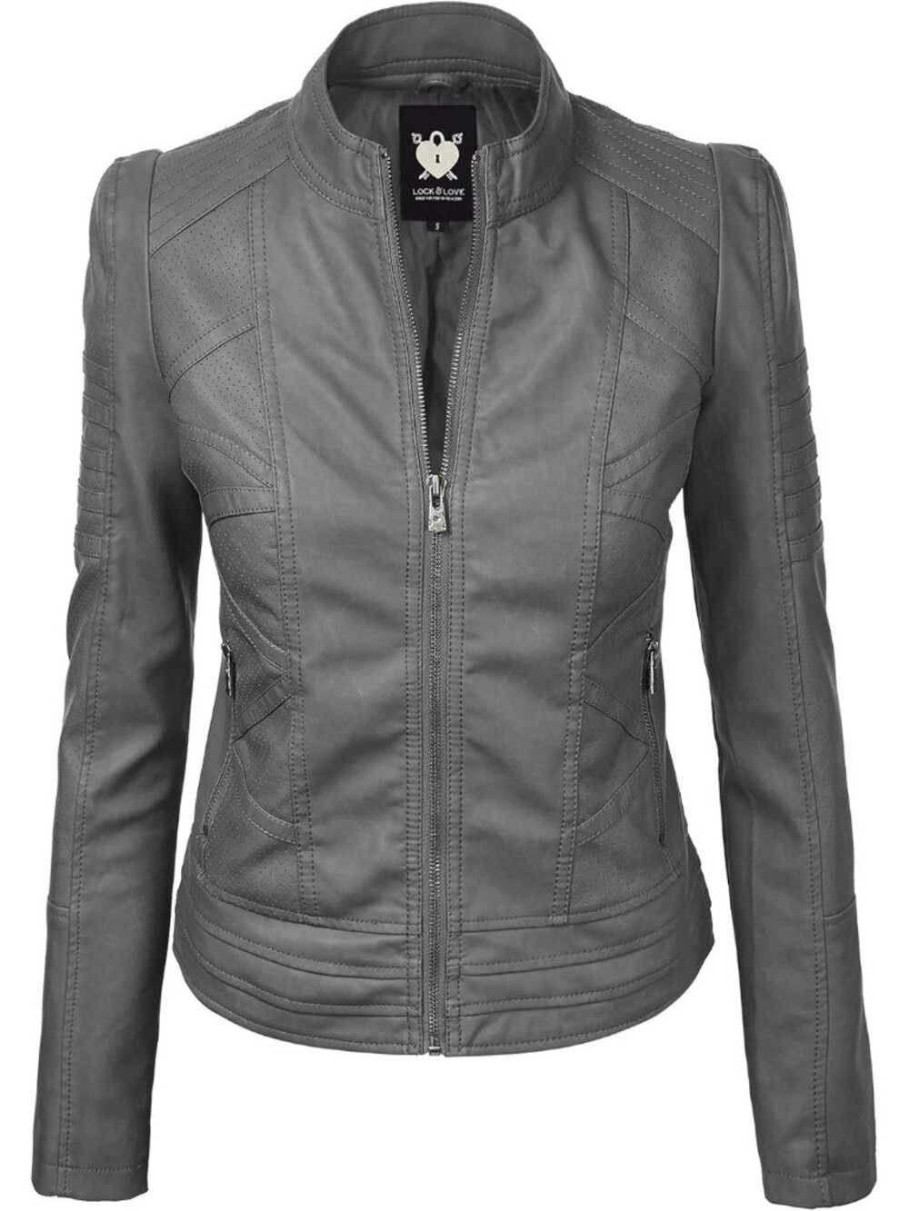 Women Light Grey Solid Faux Leather Slim Fit Panelled Vegan Classic Biker Jacket
